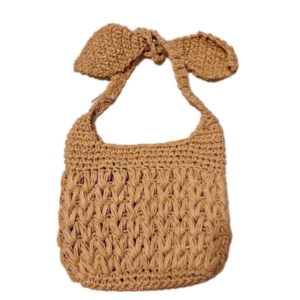 A New Day Straw Tie-Top Shoulder Bag Light Brown Woven Macrame Beige Purse New